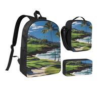 JKLQWC Set di 3 zaini con stampa moderna di metà secolo, borsa per la scuola da 43 cm con borsa termica per il pranzo e astuccio per studenti, adolescenti, ragazze e ragazzi, Campo da golf Hawaii