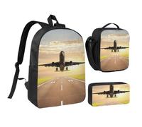 JKLQWC Set di 3 zaini da scuola con stampa aeroplano, borsa per la scuola da 43 cm, borsa termica per il pranzo e astuccio per studenti, adolescenti, ragazze e ragazzi, Aeroplano, One Size, Zaino