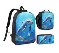 JKLQWC Set di 3 zaini per la scuola con stampa a pois verdi, 43 cm, con borsa termica per il pranzo e astuccio per studenti, adolescenti, ragazze e ragazzi, Delfino carino., One Size, Zaino daypack