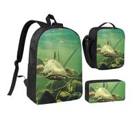 JKLQWC Set di 3 zaini per la scuola con stampa a righe gialle e blu, 43 cm, con borsa termica per il pranzo e astuccio per studenti, adolescenti, ragazze e ragazzi, Pesce Gatto Subacqueo, One Size