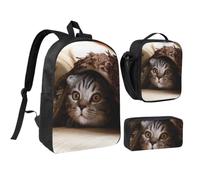 JKLQWC Set di 3 zaini per la scuola con stampa a righe gialle e blu, 43 cm, con borsa termica per il pranzo e astuccio per studenti, adolescenti, ragazze e ragazzi, Gatto sotto coperta, One Size