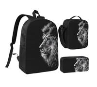 JKLQWC Set di 3 zaini per la scuola con stampa di biscotti di pan di zenzero, borsa per la scuola con borsa termica per il pranzo e astuccio per studenti, adolescenti, ragazze e ragazzi, Leone, One