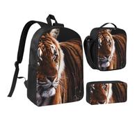JKLQWC Set di 3 zaini per la scuola con stampa di cervi, 43 cm, con borsa termica per il pranzo e astuccio per studenti, adolescenti, ragazze e ragazzi, Tigre del Bengala., One Size, Zaino daypack