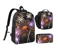 JKLQWC Set di 3 zaini per la scuola con stampa di pavone, borsa per la scuola da 43 cm, con borsa termica per il pranzo e astuccio per studenti, adolescenti, ragazze e ragazzi, Fuochi d'artificio