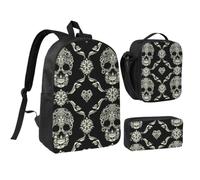 JKLQWC Set di 3 zaini per la scuola con stampa di pavone, borsa per la scuola da 43 cm, con borsa termica per il pranzo e astuccio per studenti, adolescenti, ragazze e ragazzi, Modello ornamentale del