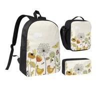 JKLQWC Set di 3 zaini per la scuola con stampa di rose rosse, borsa per la scuola con borsa termica per il pranzo e astuccio per studenti, adolescenti, ragazze e ragazzi, Gallina Farfalle Volare Tra
