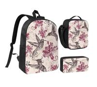 JKLQWC Set di 3 zaini per la scuola con stampa floreale e nero, 43 cm, con borsa termica per il pranzo e astuccio per studenti, adolescenti, ragazze e ragazzi, Bellissimi fiori Colibrì, One Size