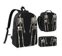 JKLQWC Set di 3 zaini per la scuola con stampa lunare, 43 cm, con borsa termica per il pranzo e astuccio per studenti, adolescenti, ragazze e ragazzi, Scheletro umano, One Size, Zaino daypack