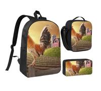 JKLQWC Set di 3 zaini per la scuola con stampa occhi malvagi, 43 cm, con borsa termica per il pranzo e astuccio per studenti, adolescenti, ragazze e ragazzi, Gallo di pollo, One Size, Zaino daypack