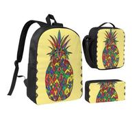 JKLQWC Set di 3 zaini per la scuola con stampa romantica sulla spiaggia, con borsa termica per il pranzo e astuccio per studenti, adolescenti, ragazze e ragazzi, Ananas arcobaleno, One Size, Zaino