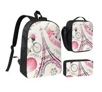 JKLQWC Shining Overlook - Set di 3 zaini per la scuola da 43 cm, con borsa termica per il pranzo e astuccio, per studenti, adolescenti, ragazze e ragazzi, Bicicletta romantica Torre Eiffel di Parigi