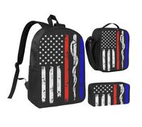 JKLQWC Shining Overlook - Set di 3 zaini per la scuola da 43 cm, con borsa termica per il pranzo e astuccio, per studenti, adolescenti, ragazze e ragazzi, Bandiera dei vigili del fuoco a strisce rosse