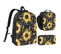 JKLQWC Terrazzo - Set di 3 zaini per la scuola con stampa marmorizzata da 43 cm, con borsa termica per il pranzo e astuccio per studenti, adolescenti, ragazze e ragazzi, Api di Girasole, One Size