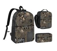 JKLQWC Terrazzo - Set di 3 zaini per la scuola con stampa marmorizzata da 43 cm, con borsa termica per il pranzo e astuccio per studenti, adolescenti, ragazze e ragazzi, Ingranaggi meccanici Steampunk
