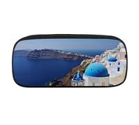 JKLQWH Astuccio in pelle PU impermeabile di grande capacità Santorini Isola greca vista mare astuccio con cerniera astuccio portatile per forniture per ufficio borsa trucco