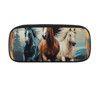 JKLQWH Astuccio in pelle PU impermeabile grande capacità Un modello con cavalli come sfondo astuccio con cerniera astuccio portatile per forniture per ufficio borsa per trucco