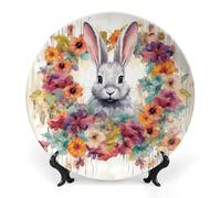 JKLQWH Bone China Piatto Decorativo 10 "Arte Ceramica Piatto Decorativo Con Espositore Acquarello Coniglio E Fiori Ornamento In Ceramica Fatti A Mano Per Home Office Wall Decor
