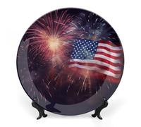 JKLQWH Bone China Piatto Decorativo 10 "Arte Ceramica Piatto Decorativo Con Espositore Fuochi D'artificio Bandiera Americana 4 Luglio Ornamento In Ceramica Fatti A Mano Per Home Office Wall Decor