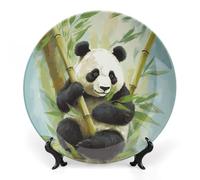 JKLQWH Bone China Piatto Decorativo 6 "Arte Ceramica Piatto Decorativo Con Espositore Bambù con Panda Ornamento In Ceramica Fatti A Mano Per Home Office Wall Decor