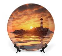 JKLQWH Bone China Piatto Decorativo 6 "Arte Ceramica Piatto Decorativo Con Espositore Faro di Mare al Tramonto Ornamento In Ceramica Fatto A Mano Per Home Office Wall Decor