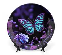 JKLQWH Bone China Piatto Decorativo 6 "Arte Ceramica Piatto Decorativo Con Espositore Viola Farfalla E Fiori Ornamento In Ceramica Fatti A Mano Per Home Office Wall Decor