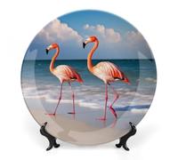 JKLQWH Bone China Piatto Decorativo 7 "Arte Ceramica Piatto Decorativo Con Espositore Fenicottero Sulla Spiaggia Ornamento In Ceramica Fatti A Mano Per Home Office Wall Decor