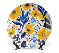 JKLQWH Bone China Piatto Decorativo 7 "Arte Ceramica Piatto Decorativo Con Espositore Fiori Gialli E Blu Ornamento In Ceramica Fatti A Mano Per Home Office Wall Decor