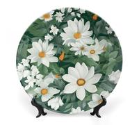 JKLQWH Bone China Piatto Decorativo 7 "Arte Ceramica Piatto Decorativo Con Espositore Foglie Verdi E Fiori Bianchi Ornamento In Ceramica Fatti A Mano Per Home Office Wall Decor