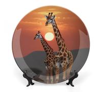JKLQWH Bone China Piatto Decorativo 7 "Arte Ceramica Piatto Decorativo Con Espositore Giraffa Al Tramonto Ornamento In Ceramica Fatti A Mano Per Home Office Wall Decor