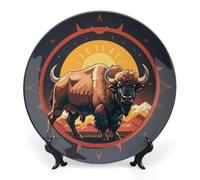 JKLQWH Bone China Piatto Decorativo 7 "Arte Ceramica Piatto Decorativo Con Espositore Wild American Bisonte Montagne Ornamento In Ceramica Fatto A Mano Per Home Office Wall Decor