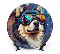 JKLQWH Bone China Piatto Decorativo 8 "Arte Ceramica Piatto Decorativo Con Espositore Cane Indossare Occhiali Ornamento In Ceramica Fatti A Mano Per La Casa Ufficio Decorazione D