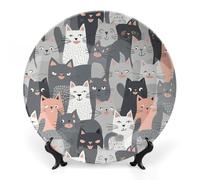 JKLQWH Bone China Piatto Decorativo 8 "Arte Ceramica Piatto Decorativo Con Espositore Carino Divertente Gatti Grigio Modello Handmade Ornamento In Ceramica Per Home Office Wall Decor