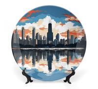 JKLQWH Bone China Piatto Decorativo 8 "Arte Ceramica Piatto Decorativo Con Espositore Chicago Skyline Handmade Ornamento In Ceramica Per Home Office Wall Decor