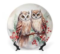 JKLQWH Bone China Piatto Decorativo 8 "Arte Ceramica Piatto Decorativo Con Espositore Due Gufi sull'Albero Ornamento In Ceramica Fatti A Mano Per La Casa Ufficio Decorazione Della Parete