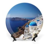 JKLQWH Bone China Piatto Decorativo 8 "Arte Ceramica Piatto Decorativo Con Espositore Santorini Isola Greca Vista Mare Ornamento In Ceramica Fatta A Mano Per Home Office Decorazione Della Parete