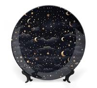 JKLQWH Piatto decorativo in porcellana Bone China da 10 pollici Piatto decorativo in ceramica con espositore stelle e luna su sfondo scuro ornamento in ceramica fatto a mano per la decorazione della