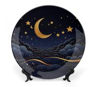 JKLQWH Piatto decorativo in porcellana Bone China da 10 pollici Piatto decorativo in ceramica con espositore ci sono stelle e luna su di esso ornamento in ceramica fatto a mano per la decorazione