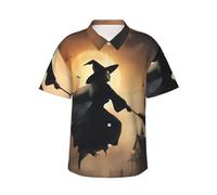 JKXUN Camicia hawaiana da uomo a maniche corte con strega di Halloween che vola 2 camicie tropicali da spiaggia camicie casual vestiti estivi, nero, S