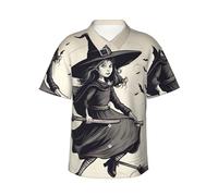 JKXUN Camicia hawaiana da uomo a maniche corte con strega di Halloween che vola in volo per vacanze tropicali, camicie da spiaggia, abbigliamento casual estivo, Nero, S
