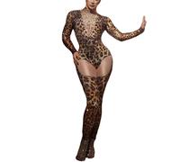 JLDZEBD Sparkle Full Strass Tuta Leopardo Stampa Team Party Compleanno Body Drag Queen Pole Dance Festival Abbigliamento,Leopardo,L