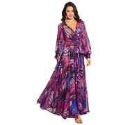 JLTPH Maxi Abiti Estivi da Donna Lantern Manica Lunga con Scollo a V Foglie Stampa Swing Vestito Cocktail Festa Abito Lungo