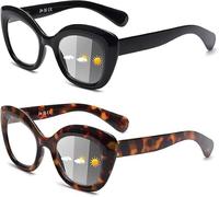 JM 2 Pack Occhiali da Lettura Fotocromatici per Donna, Occhi di Gatto Che Bloccano La Luce Blu per Computer, Cerniera a Molla Nero & Tartaruga +1.5