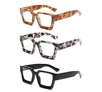 JM 3 Pack Occhiali da Lettura Quadrati, Lettore di Computer con Blocco Della Luce Blu per Donna Uomo +1.5 Nero/Grigio Tartaruga/Giallo Tartaruga