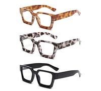 JM 3 Pack Occhiali da Lettura Quadrati, Lettore di Computer con Blocco Della Luce Blu per Donna Uomo +1.25 Nero/Grigio Tartaruga/Giallo Tartaruga