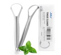 JMU Confezione da 2 raschietti per lingua con custodia da viaggio, in acciaio inox, per la cura orale (a forma di cucchiaio argentato, confezione da 2)