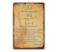 JMVLVLOA Faith Quote Tin Wall Decor 8x12 Inch | Uplifting message about asking seeking and knocking great gift for home office entryway or prayer corner