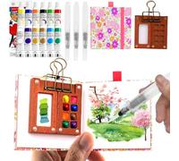 JMXAXDS Mini Kit Acquerelli Portatile, Set acquerello da Viaggio Portatili e Mini Tavolozza Legno Pittura e 12 Colori Acquacolore Set e Sketchbook & penna d'acqua per Acquerello Tasca,Artisti (Rosa)
