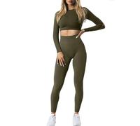 JN JANPRINT 2 Pezzi Set da Palestra per Donna Maniche Lunghe Crop Top con Pantaloncini alti senza cuciture Set da Yoga Abbigliamento Sportivo Attivo, Evergreen, L