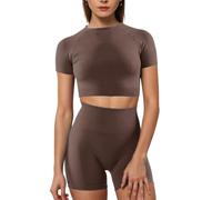 JN JANPRINT Set da palestra per le donne 2 pezzi abiti da allenamento manica corta crop top scrunch pantaloncini yoga tuta set Activewear, Marrone, L