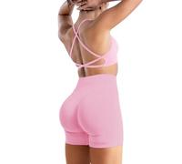 JN JANPRINT Set da palestra senza cuciture per le donne 2 pezzi con spalline incrociate reggiseni sportivi nascosti pantaloncini scrunch abiti da yoga tuta Activewear, rosa, S